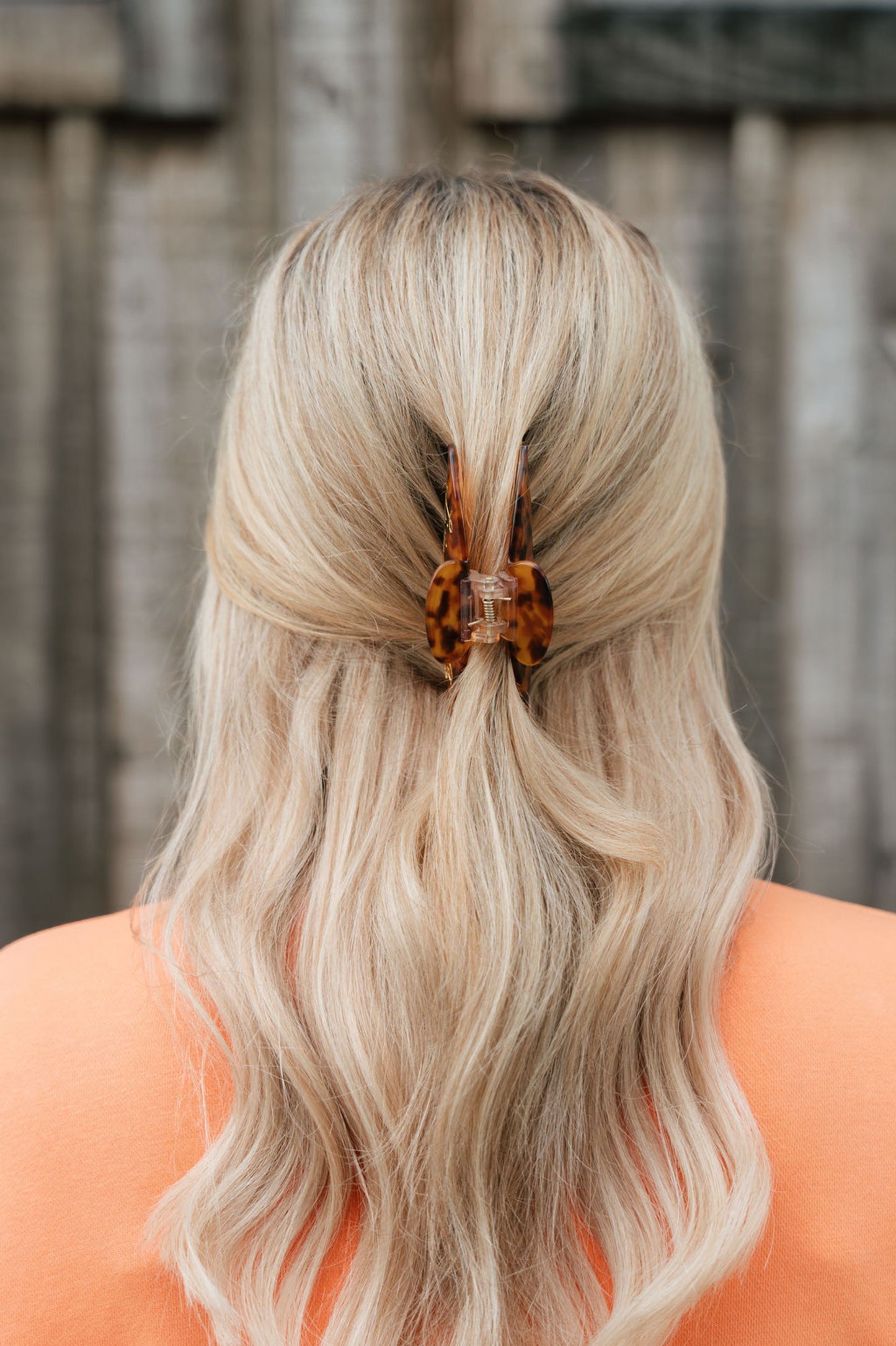 A blonde woman viewed from the back, wearing a tortoiseshell hair claw clip to secure a half-up style, with a blurred wooden fence in the background.