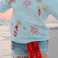 woman wearing blue sweatshirt with shorts and a scarf 