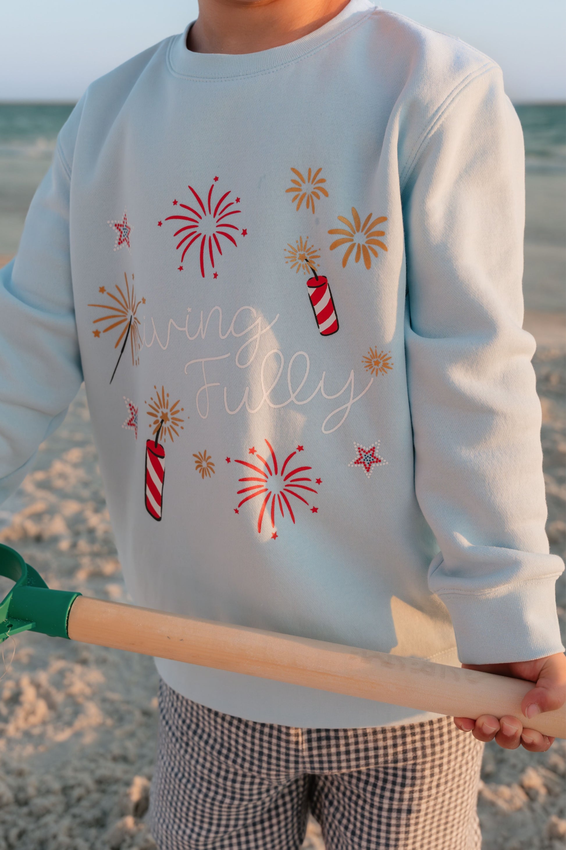 Child wearing a light blue LFC kids sweatshirt with firework designs on a beach.