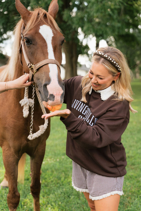 A woman in a brown sweatshirt and gingham shorts feeds a carrot to a brown horse outdoors on a grassy field. The woman wears a pearl headband, and the horse has a white blaze on its face.