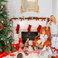 Family in a festive living room with Christmas decorations and children playing on the floor.