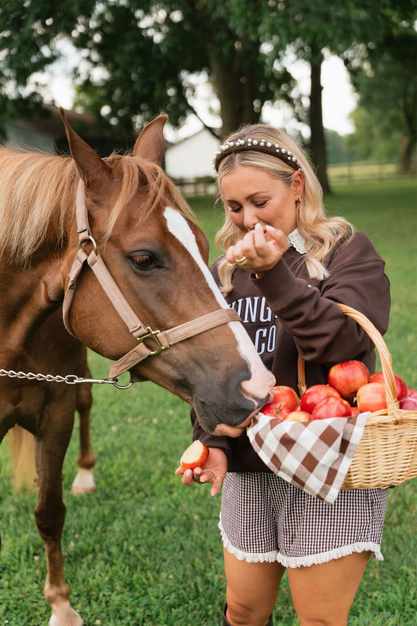 A woman in a brown sweatshirt and gingham shorts feeds an apple to a brown horse outdoors on a grassy field, holding a basket of red apples.